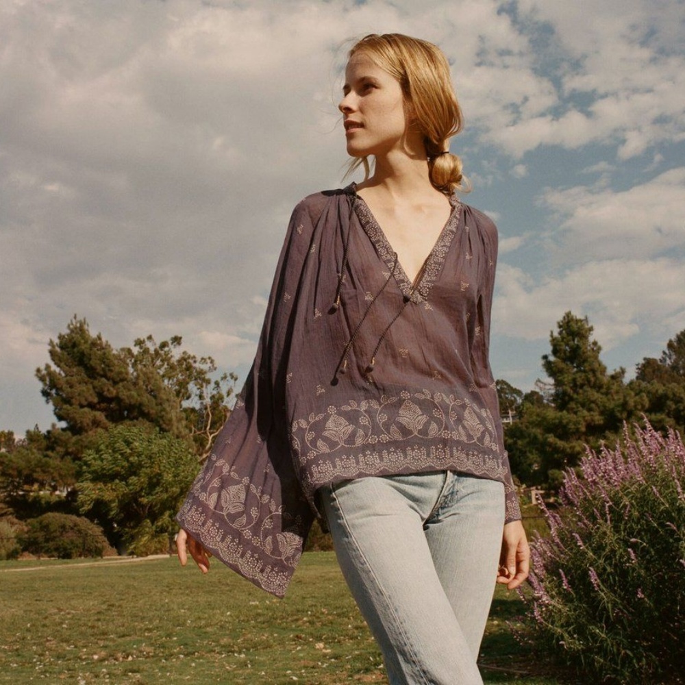 DÔEN Marigold Top Indigo Boho Blouse szLARGE